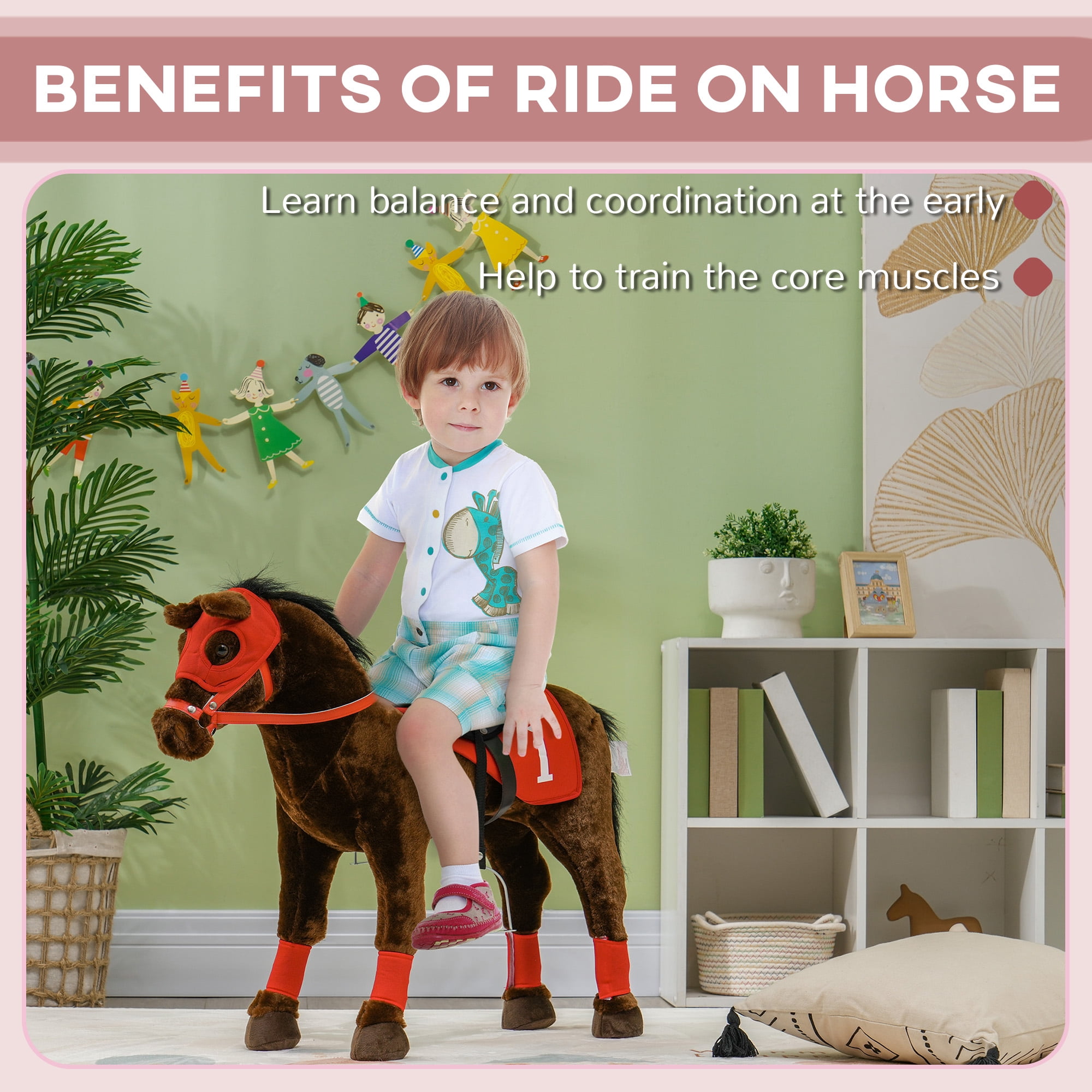 Qaba Ride on Horse for Kids 3-8 Years Old, Toddlers Riding Horse with Neighing Sound, Ride on Animal Pony Toy with Saddle & Stirrups