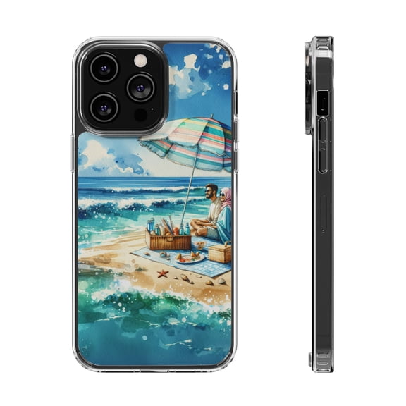 DistinctInk Hybrid (Acrylic / TPU) Clear Slim Fit Case for Apple iPhone 14 Pro MAX (6.7" Screen) - "Tranquil Coastal Escape: A Sunny Beach"