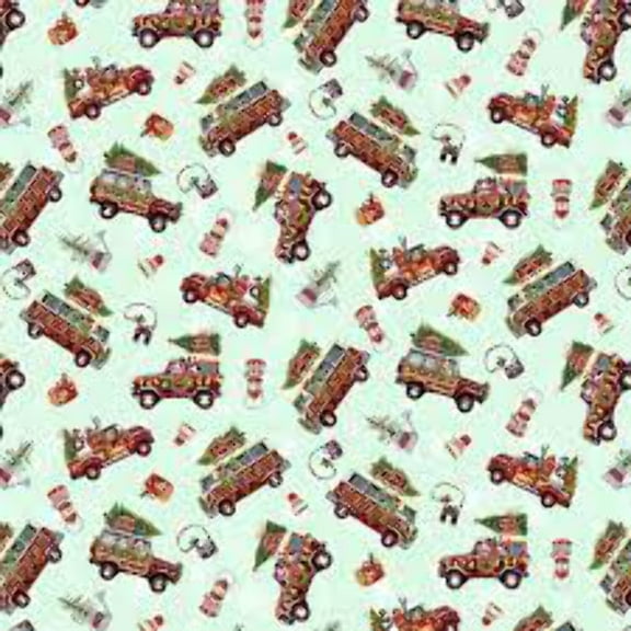 StudioE Snow Dog Express Campers & Trucks Mint Cotton Fabric By The Yard