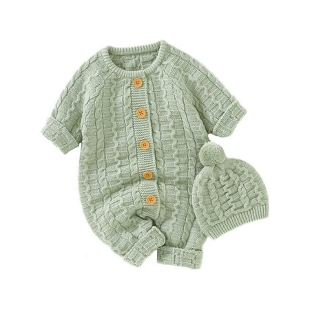 

Lumento Newborn Casual Winter Romper Hats Set 2Pcs Knitted Two Piece Outfits Cute Crew Neck Hat And Jumpsuit Sets Light Green 74cm