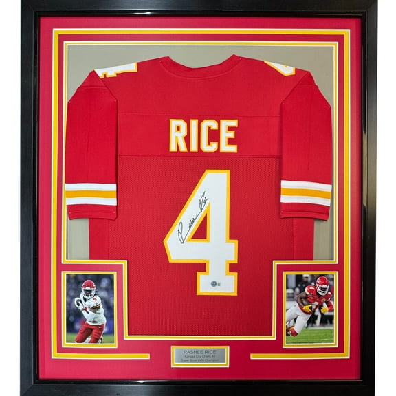 Framed Autographed/Signed Rashee Rice 35x39 Kansas City Red Football Jersey Beckett BAS COA