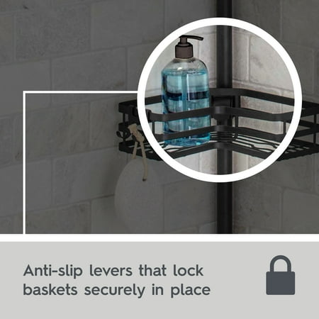 Better Homes & Gardens Tension Pole Shower Caddy, Resists Rust, 3 Tier Caddy, 5 - 9 ft, Matte Black