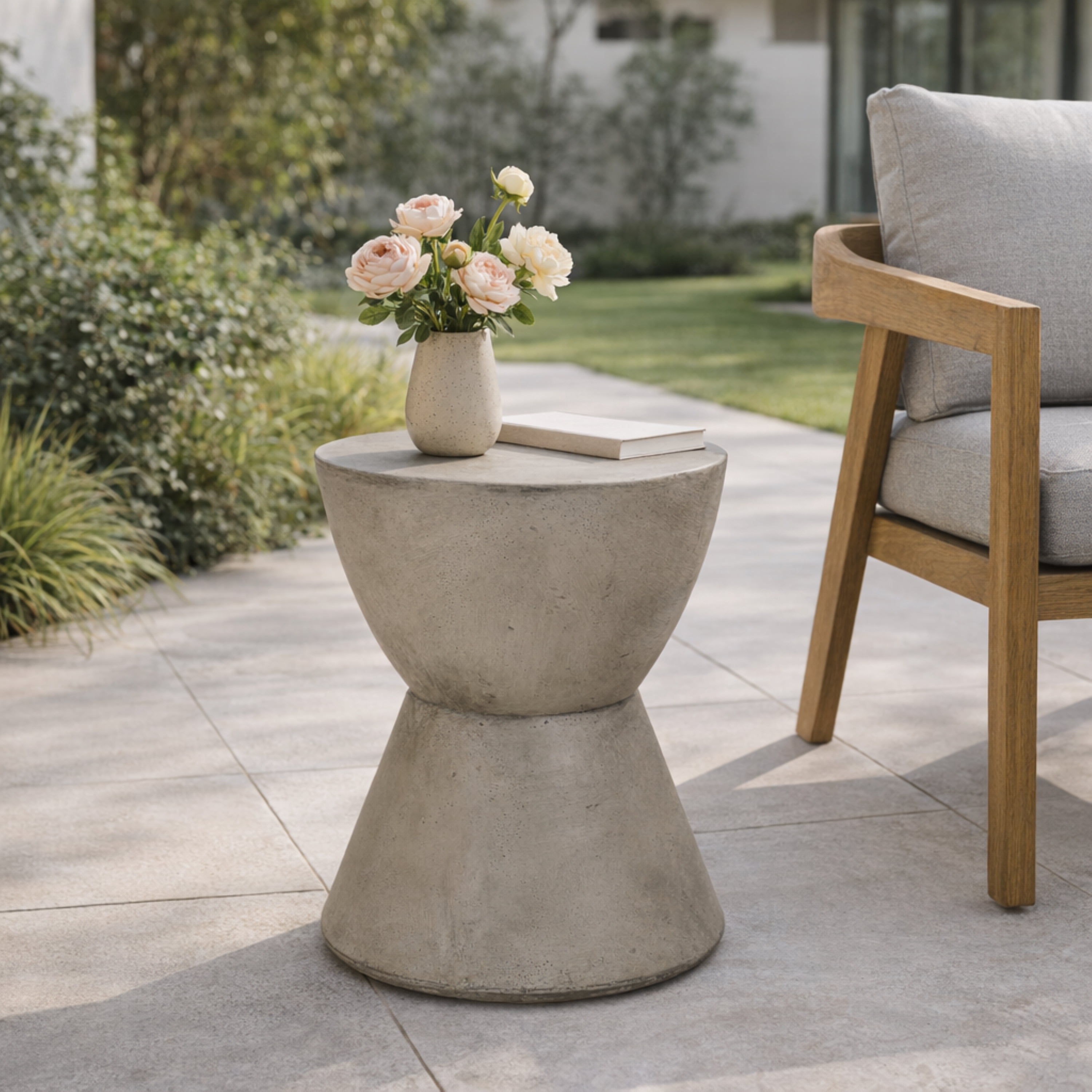 Outdoor Lightweight Concrete End Side Table for Patio Balcony Garden, Light Gray