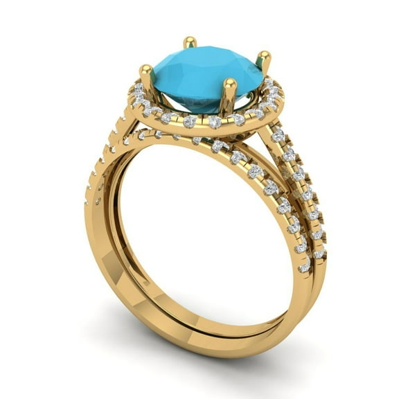 2.56ct Brilliant Round Cut Turquoise 14k Yellow Gold Halo Solitaire with Accents Engagement Bridal Wedding Ring Band Set size 6.25