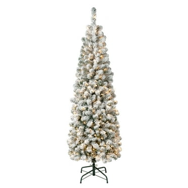 National Tree Company Pre-Lit Artificial Pencil Slim Christmas Tree, Green, Acacia, 250 Clear Lights, Flocked, Includes Stand, 6 Feet
