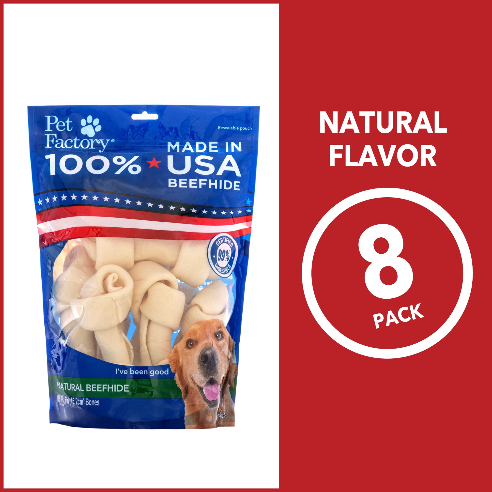 Pet Factory 100% Made in USA Beefhide 6-7" Knotted Bones Dog Chew Treats - Natural Flavor, 8 Count