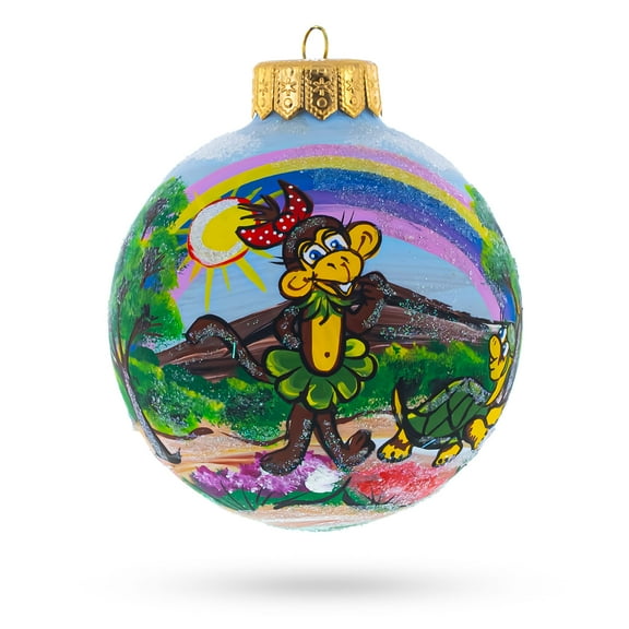 Monkey Under Rainbow Glass Ball Christmas Ornament 4 Inches