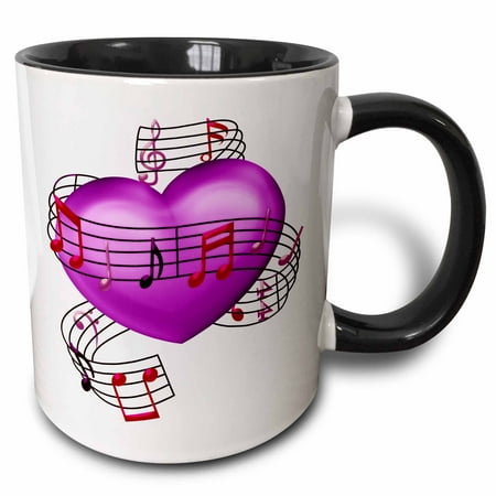 - 3dRose Pink, Purple, and Pink Musical Notes Wrapped Around A Heart Illustration - Two Tone Black Mug, 11-ounce