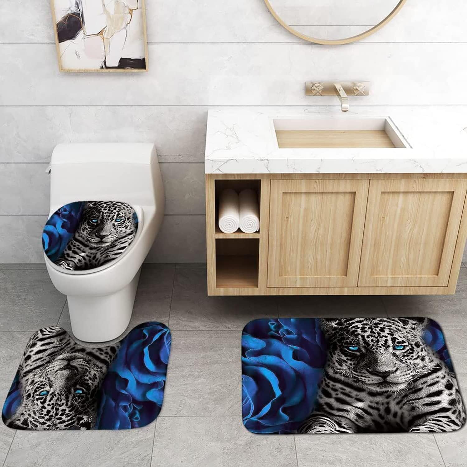 4PCS Blue Rose and Leopard Shower Curtain Bathroom Set with Rugs, Toilet Lid Cover and Bath Mat, Blue Shower Curtain with 12 Hooks, Durable Bathroom Decor Set