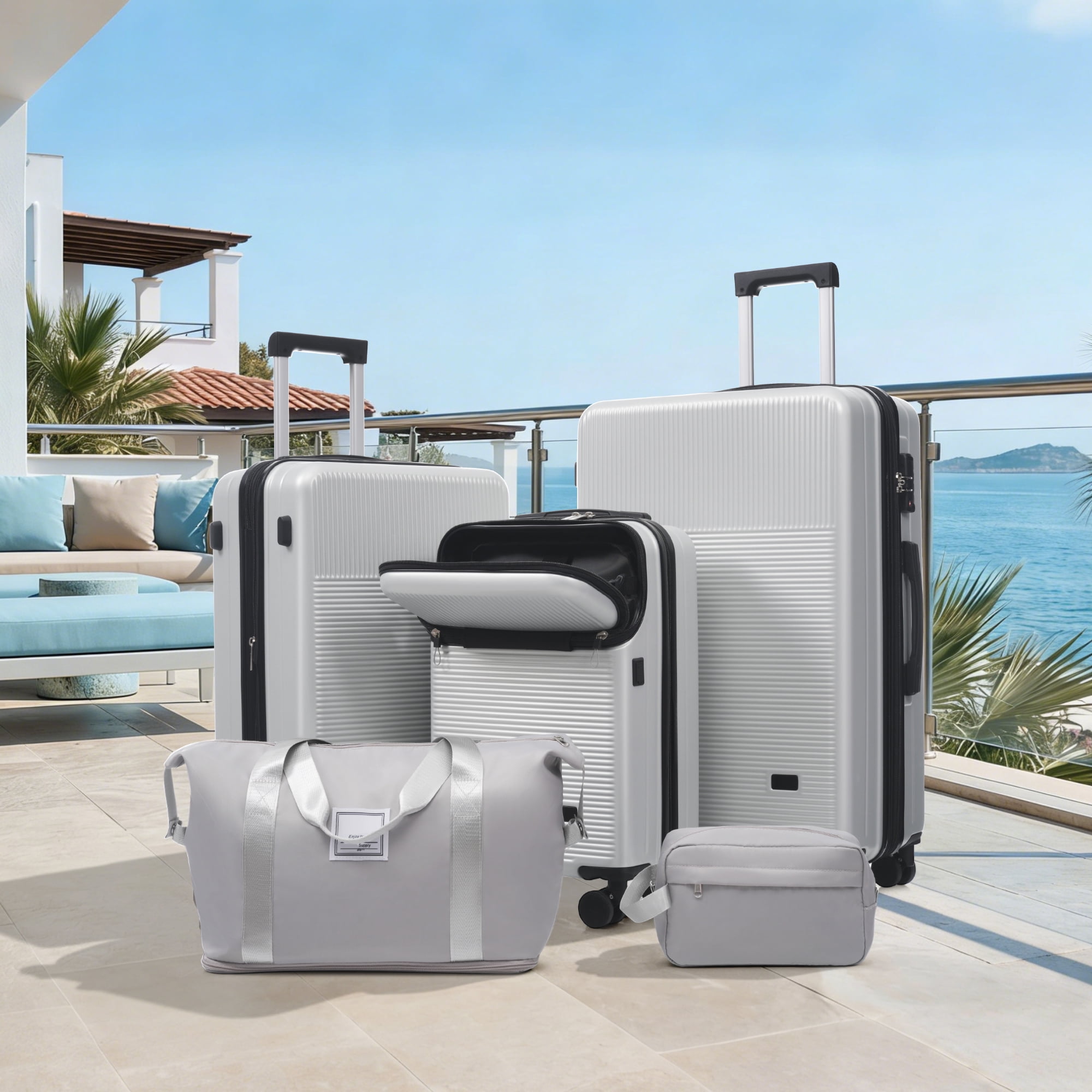 Luggage Sets 5 Piece with Half-opening, Hardside Carry On Suitcase Set with Double Spinner Wheel, Lightweight Travel Luggage with USB Port, TSA Locks