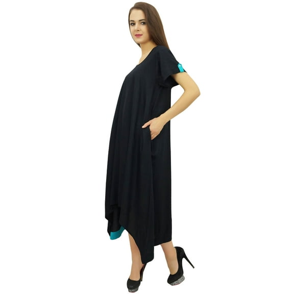 Bimba Women's Casual Black Short Sleeves Asymetrical Hem Dress With Scarf - 4