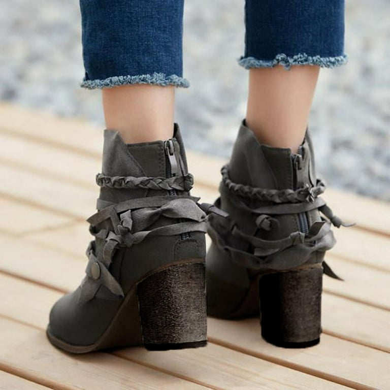 HAOTAGS Women's Leather Booties Low Heel Ankle Boots Mid Heel Back Zipper  Womens Dressy Shoes Black Size 9 