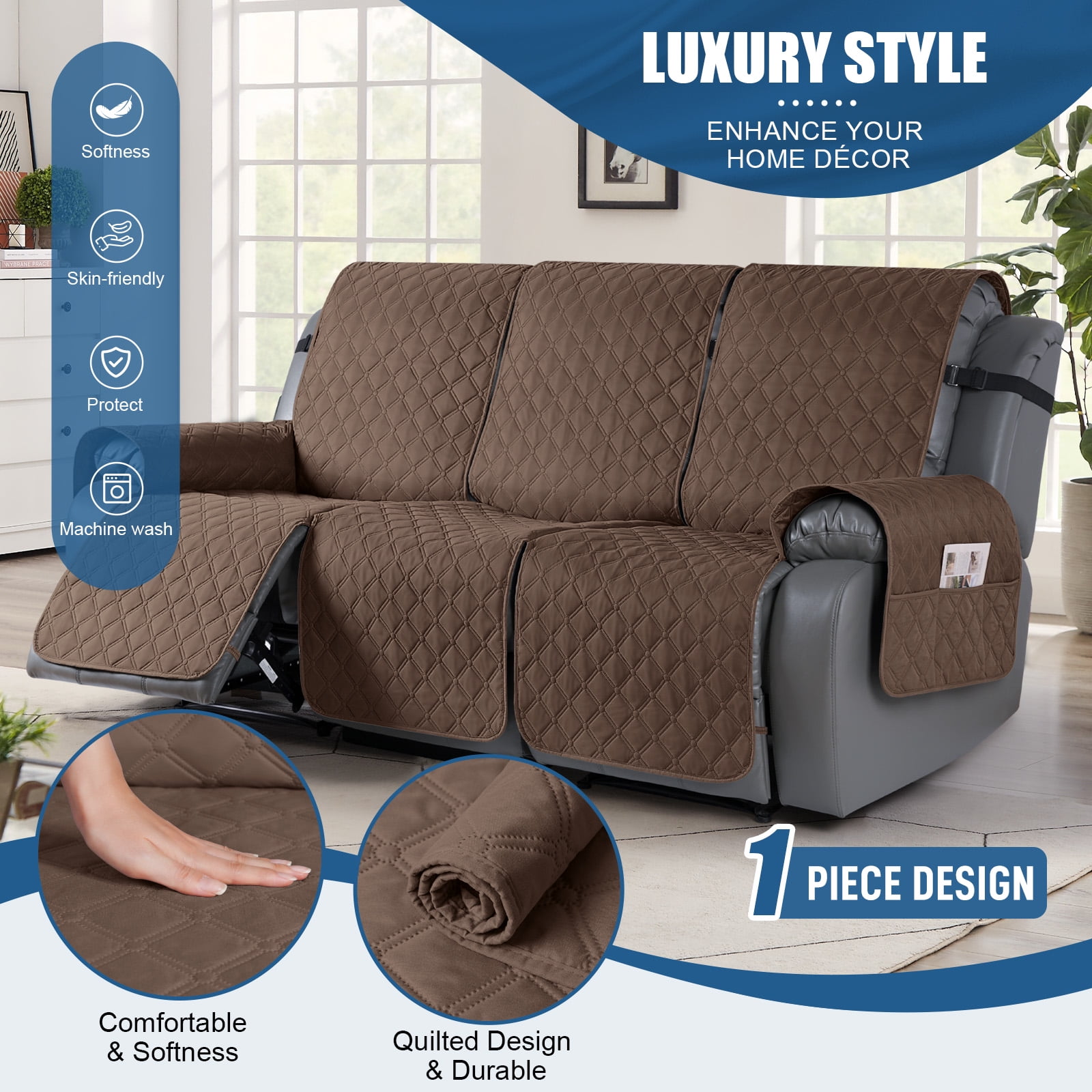 Timeles Waterproof Recliner Sofa Covers, Recliner Couch Covers with Leg Straps, Reversible Recliner Covers for 3 Seat Reclining Chair, Washable Sofa Protector for Pets Kids (Brown)