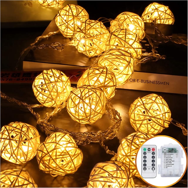 ER Guirnalda de 40 luces LED que funcionan con pilas, 16,4 pies, 40 globos de ratán brillar Electrónica