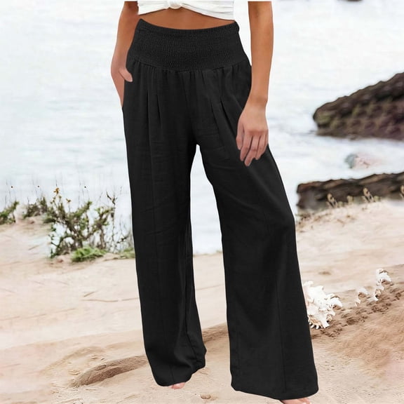 Cagogo Women Cotton Linen Wide Leg Pants High Waisted Flowy Casual Long Palazzo Trousers for Beach Summer Lounge with Pockets Fashion Beachwear Clothes, Black XL
