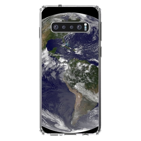 DistinctInk Clear Shockproof Hybrid Case for Samsung Galaxy S10 (6.1 Screen) - TPU Bumper Acrylic Back Tempered Glass Screen Protector - Earth Space Western Hemisphere