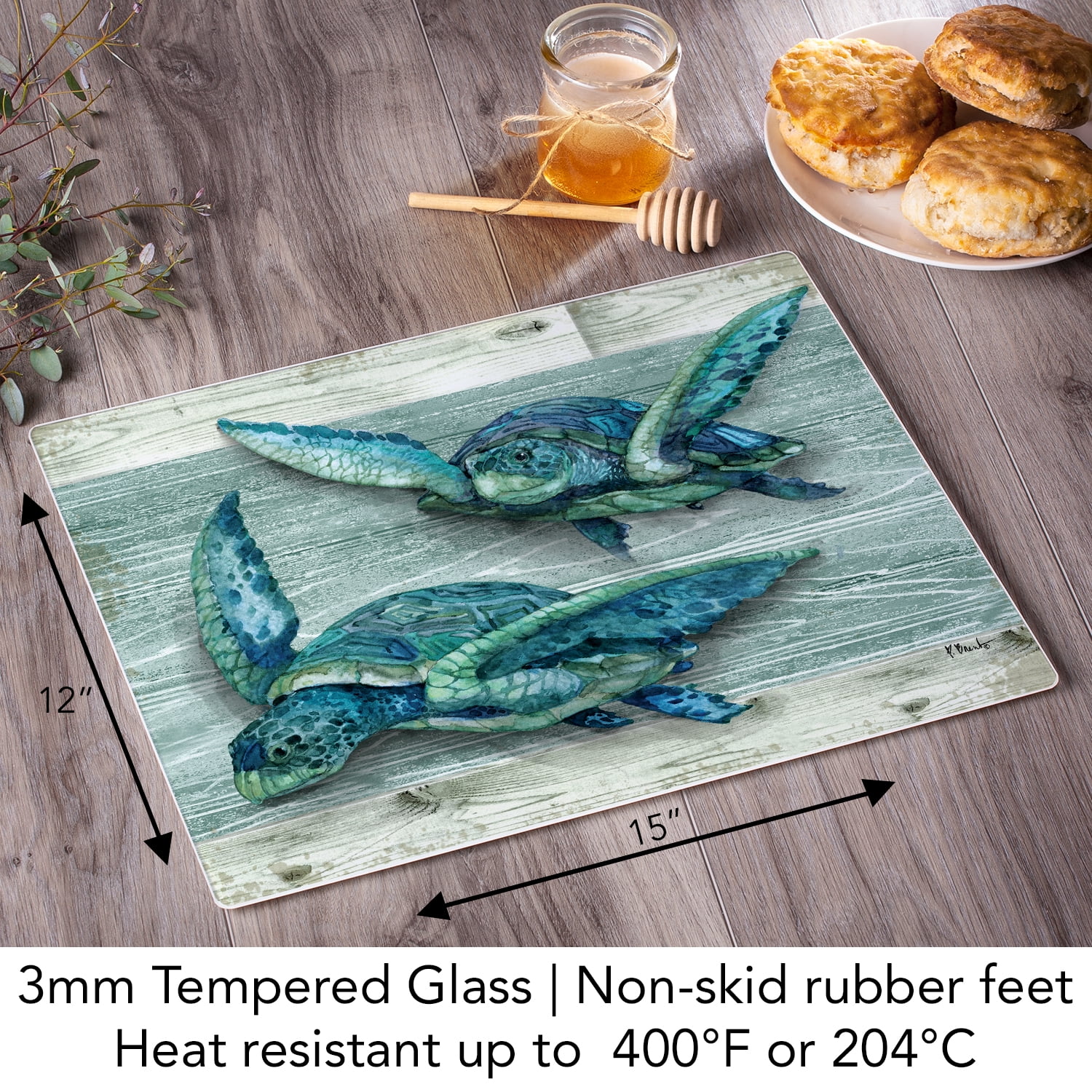 CounterArt North Point Turtles 3mm Tempered Glass Cutting Board 15" by 12"
