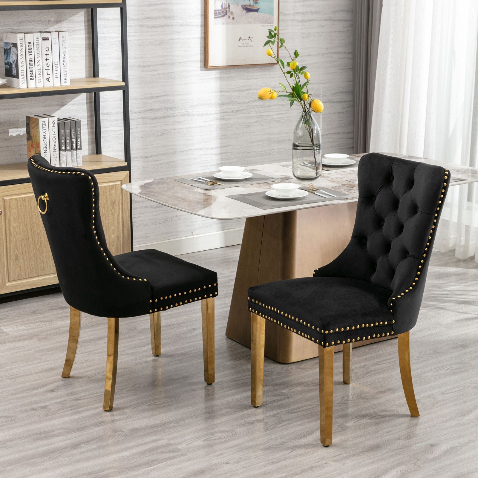 Rhomtree Modern Metal Button tufted Dining Side Chairs, Black (Set of 6)