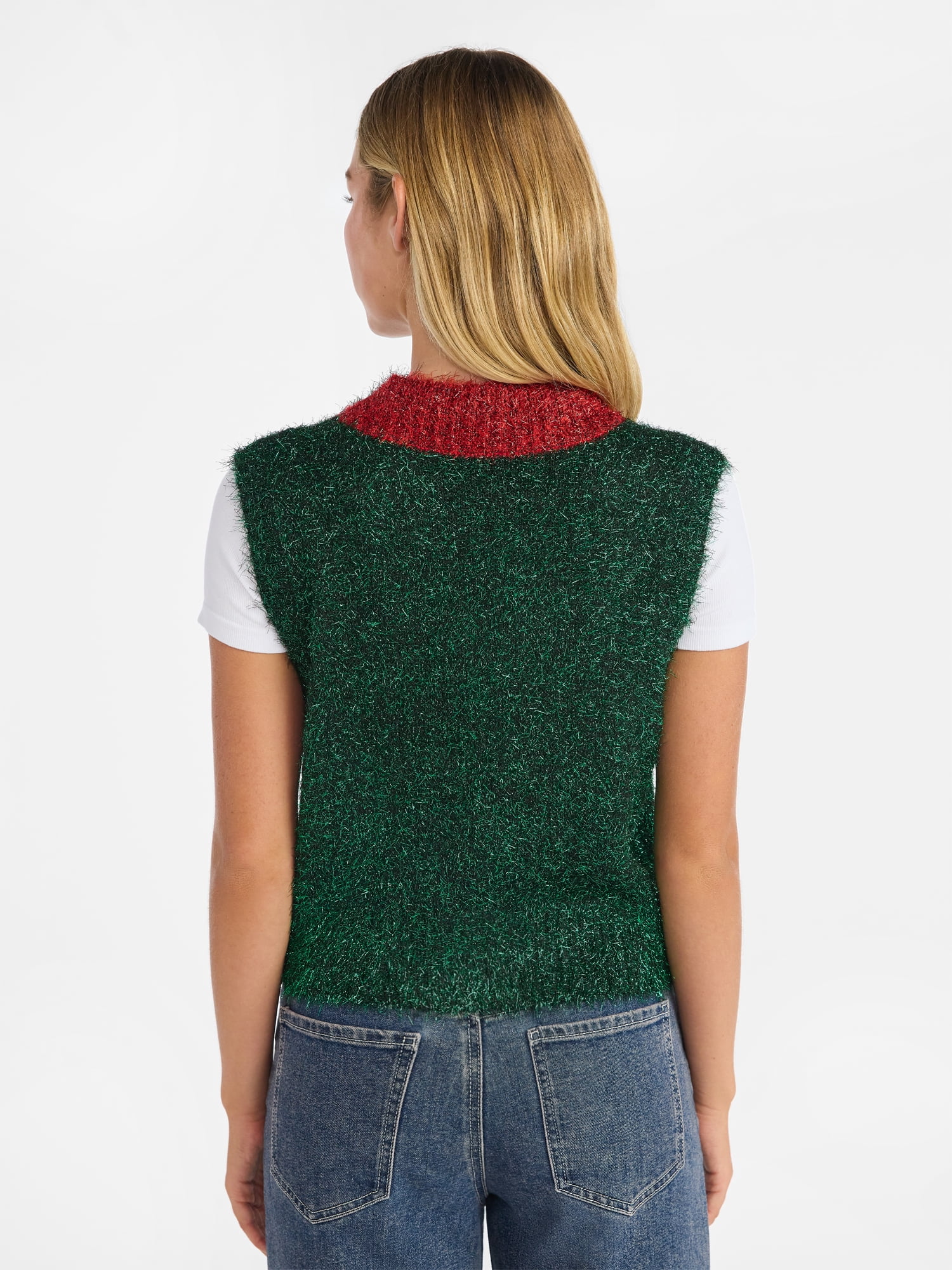 No Boundaries V-Neck Button Front Christmas Vest, Women’s