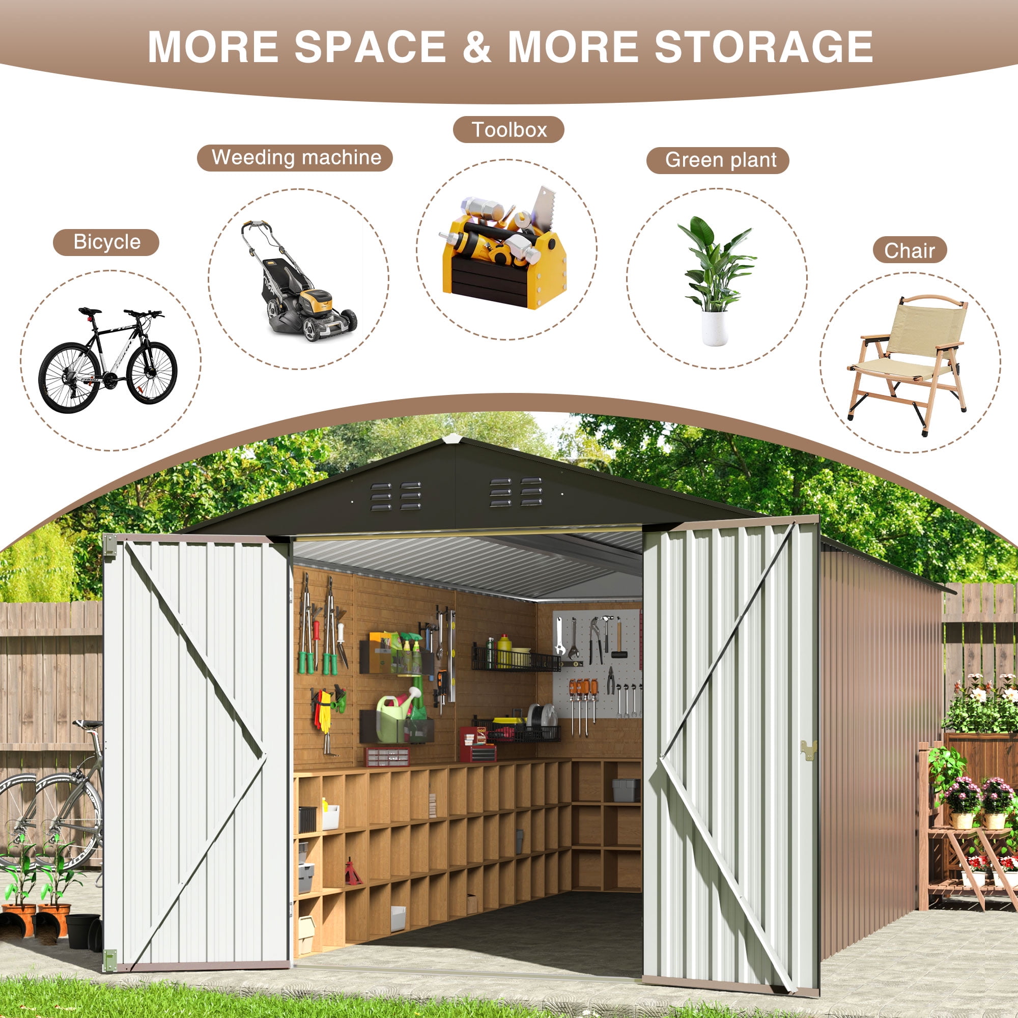 NETAJE 8'x12' Outdoor Metal Storage Shed with Upgraded Frame and Lockable Doors for Backyard, Garden, Lawn, Brown