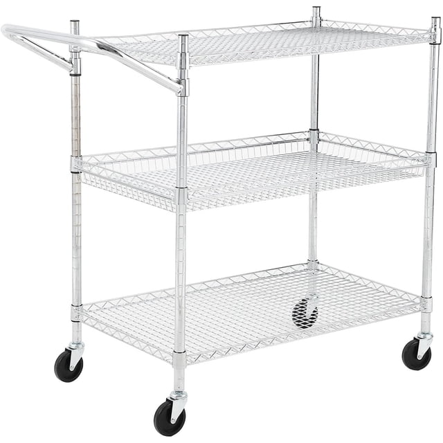 Chariot Utilitaire à 3 Niveaux de Qualité Commerciale Robuste avec Roues Industrielles, Tablettes Ajustables, Poignée Basse, Assemblage Facile - Rangement Alimentaire, Présentoir pour Plantes et Étagère Chariot