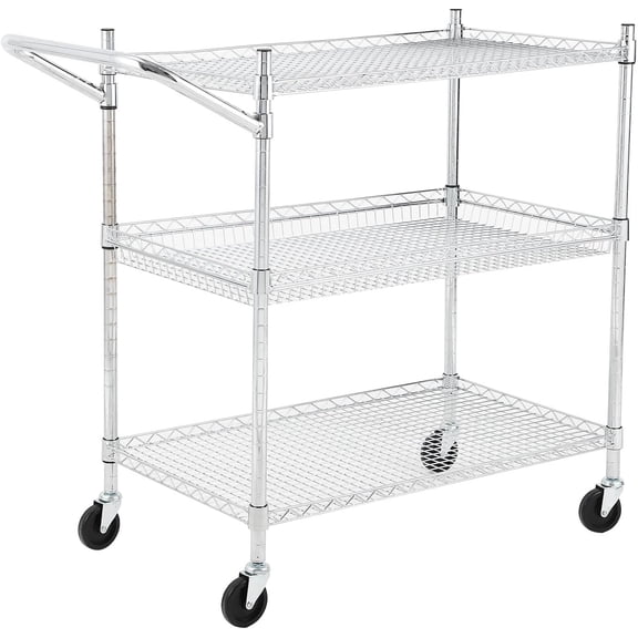 3-Tier Heavy Duty Commercial Grade Utility Cart with Industrial Wheels Adjustable Shelves Low Handle Easy Assembly - Food Storage Plant Display and Trolley Shelf