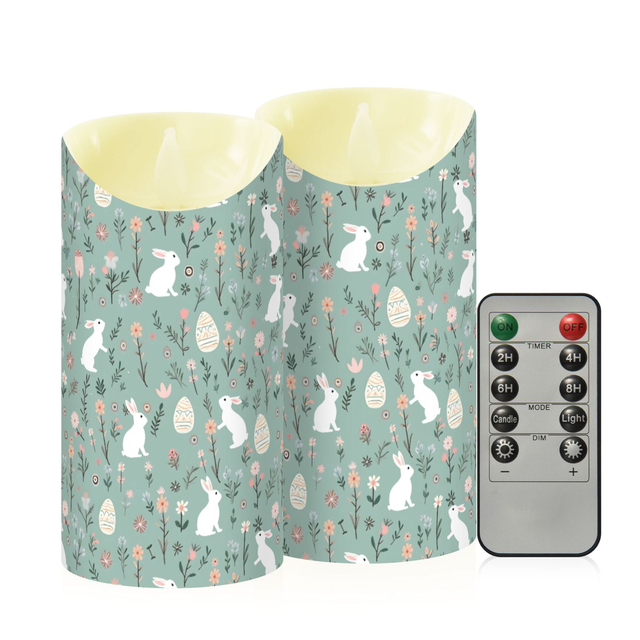 Rabbit Easter Egg Floral Pattern Flameless Candles 2 PCS with Remote Realistic Moving Flame LED Tapered Pillar Set for Home Decor