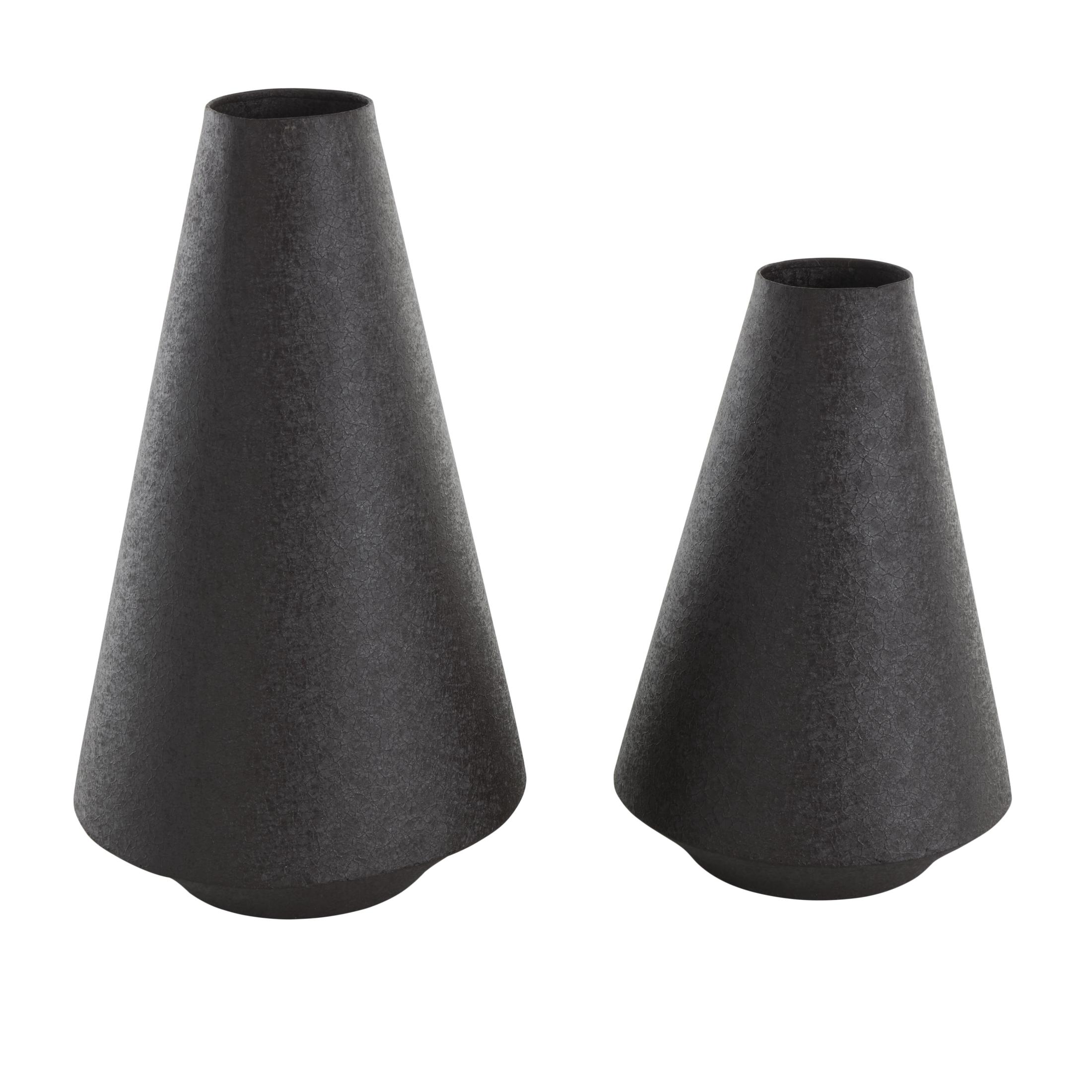 DecMode 14", 11"H Textured Cone Black Metal Vase, Set of 2