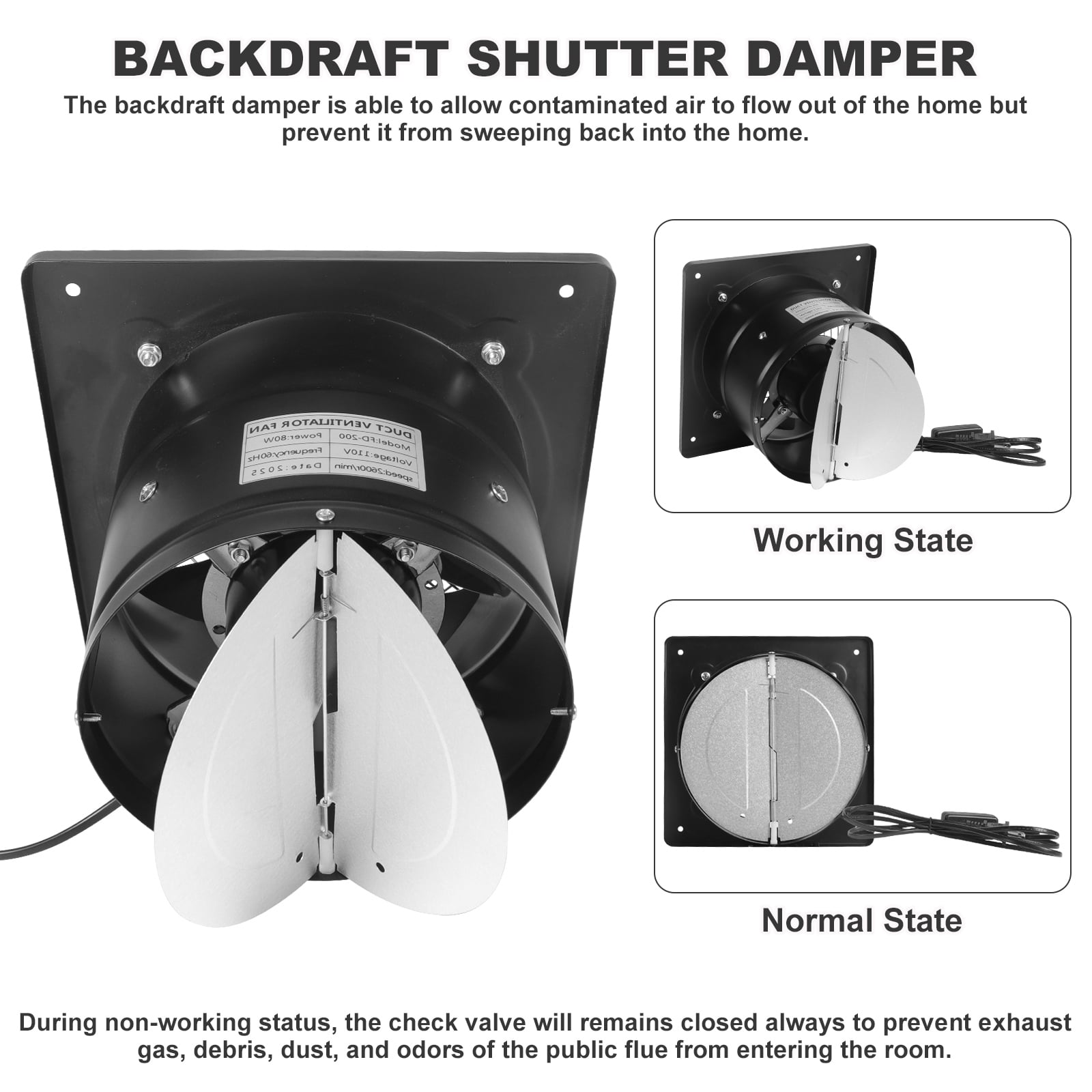 8 inch Exhaust Fan, 110V 80W Wall Mounted Vent Fans, 2800 RPM Ventilation Blower with Plug for Kitchen Bathroom Basement Ventilation Fan, Black