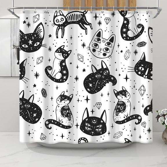 JOOCAR Halloween Cat Shower Curtain, Witch Gothic Bathroom Decor, Waterproof Fabric Polyester Curtains Set for Kids and Cat Lovers, with 12 Hooks 72 x 72 Black White