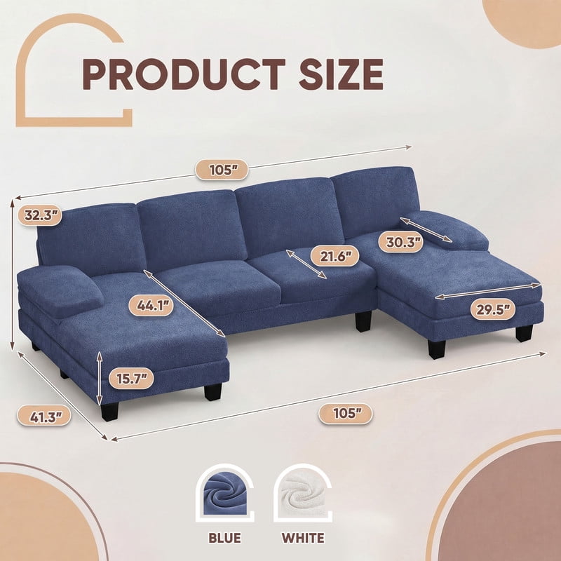 Vineego 105" Cloud U-shape Sectional Sofa Modern Modular Oversized Couches for Living Room,No Assembly Required,Loop Yarn Blue