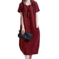 thumbnail image 3 of Vestido suelto de mujer, vestido largo midi vintage de verano de manga corta Eccomum Borgoña L, 3 of 7