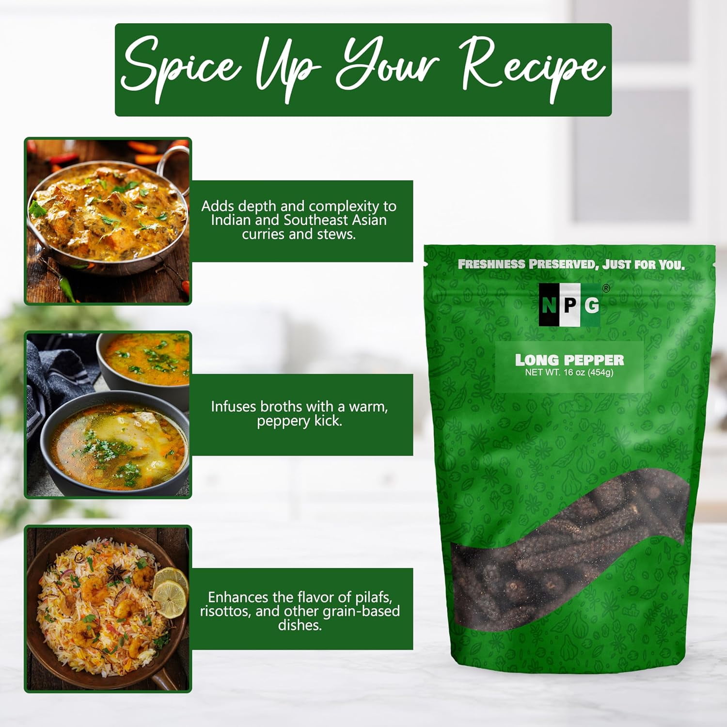 NPG Long Pepper 16 Oz, Whole Long Black Pepper, Piper Longum Black Peppercorns, Pippali Aromatic Spice for Indian, Middle Eastern, and Mediterranean Cuisine, Strong Flavor Enhancer
