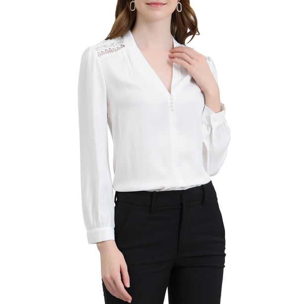 INSPIRAR CHIC Blusas de Manga Larga para Mujeres con Cuello en V y Encaje, Moda Casual para Oficina, Color Blanco, Talla S