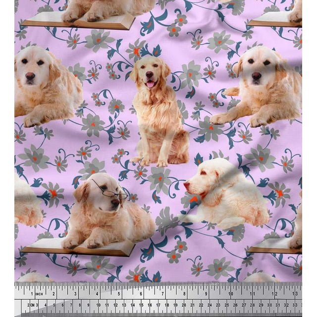 Soimoi Poly Georgette Fabric Floral,Book & Golden Retriever Dog Print Fabric by The Yard 42 Inch Wide