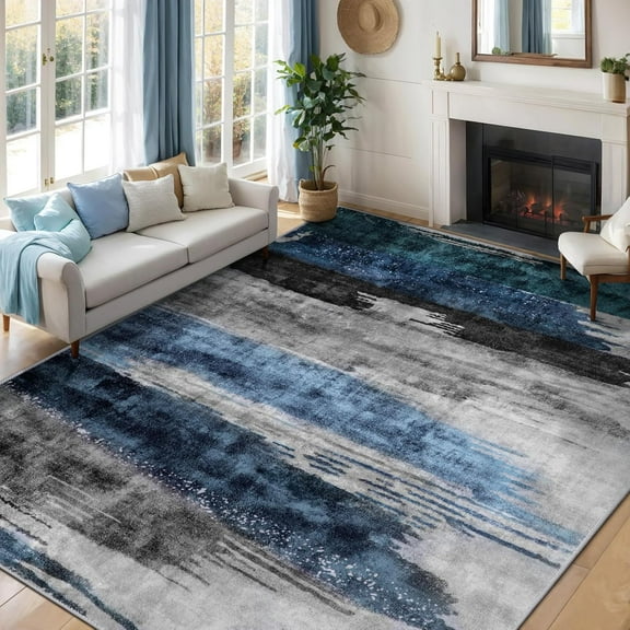 Modern Abstract Rug for Living Room, 5'x7' Machine Washable Area Rug Non-Slip Rug, Low-Pile Contemporary Indoor Dining Floor Carpet for Bedroom Office Under Table Home Decor Navy Grey