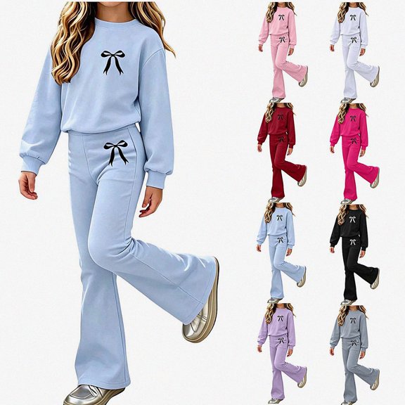 ITSAME Girls Outfit Set 2-Piece Fall Clothes Bow Print Long Sleeve Crewneck Pullover and Flared Pants Size 7