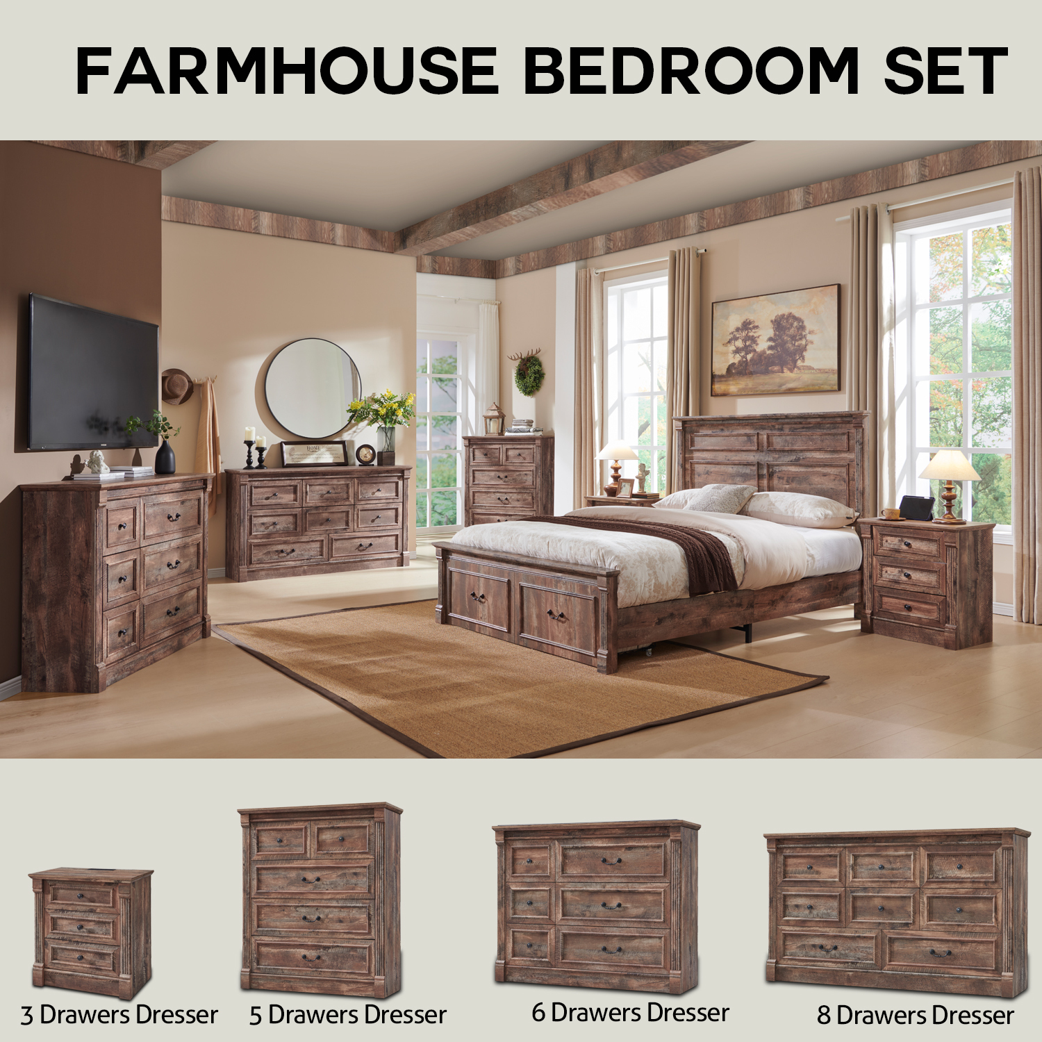 AsterOutdoor Farmhouse 5 Drawers Dresser, Tall Chests of Drawers w/Roman Column, Large Storage Dressers Organizer for Bedroom, Hallway, Living Room