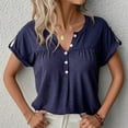 thumbnail image 2 of Short Sleeve Blouse Button V Neck Pleated Design Pure Color Casual Women Summer Top for Office Daily Shopping Navy Blue XL, 2 of 6