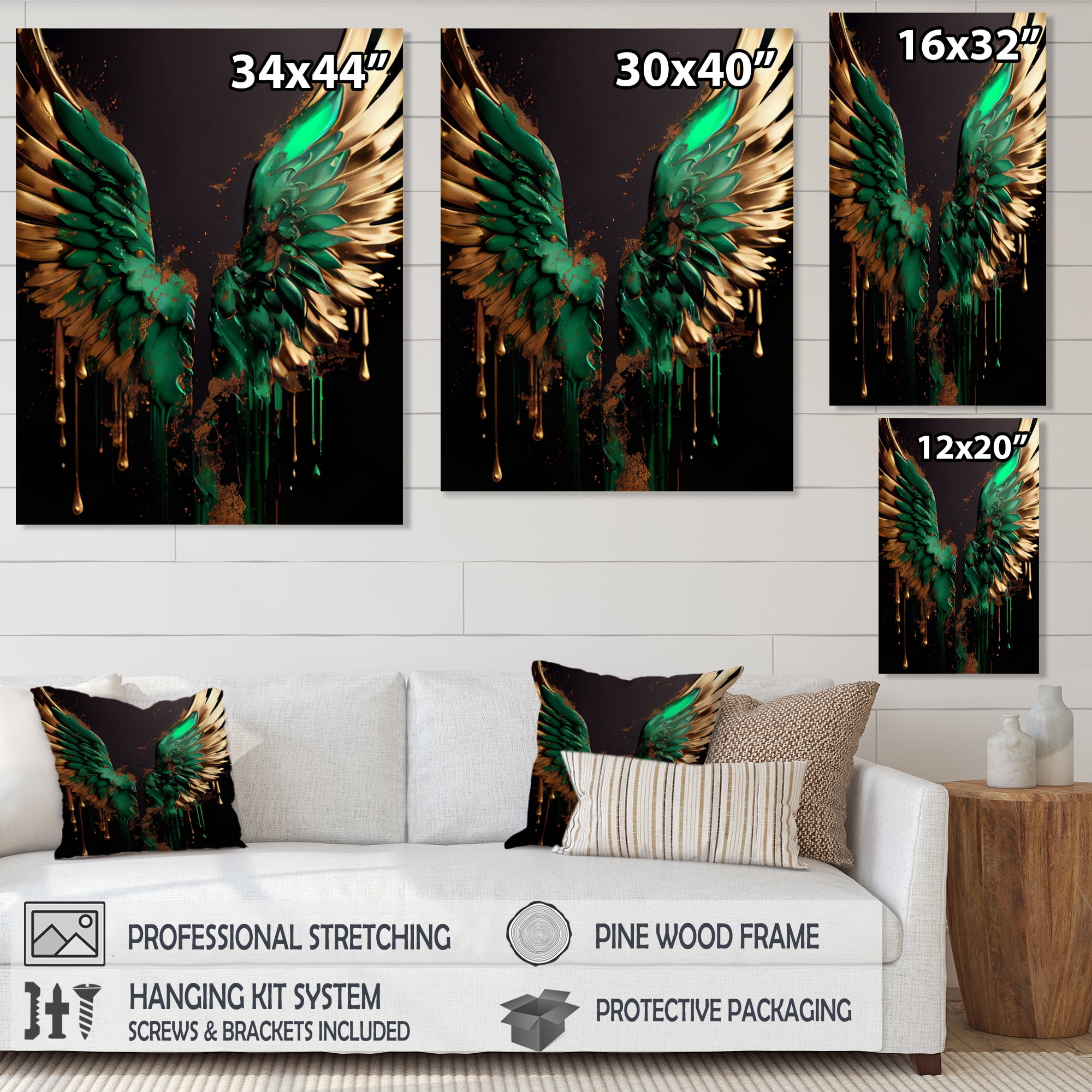 Designart Green And Gold Angel Wings I Canvas Wall Art