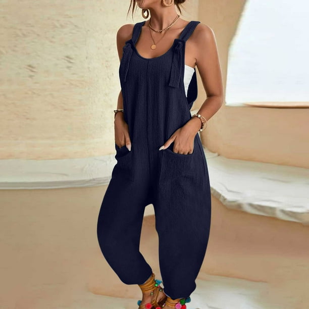 ICHUANYI Clearance Womens Fashion Summer Solid Color Casual Sleeveless Suspender Jumpsuit(Navy, XL) ICHUANYI WER2023080903059