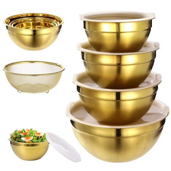 5PCS Golden Mixing Bowls, Stainless Steel Salad Bowls with Airtight Lids, Mirror Finish Nested Mixing Bowl Set with Mesh Strainer, 4 Bowl Sizes for Baking, Meal Prep, Food Serving