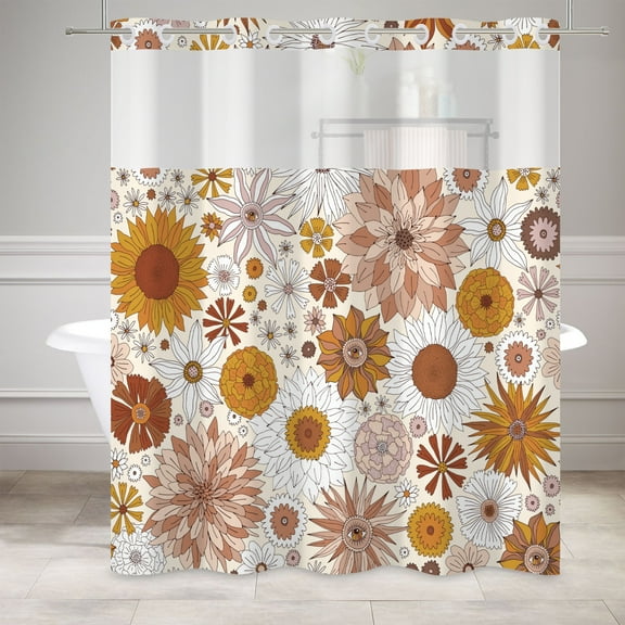 MIZHONA Boho Shower Curtain with Snap in Liner,Bohemia Dasiy Floral No Hook Fabric Bathroom Curtain,71"× 74"