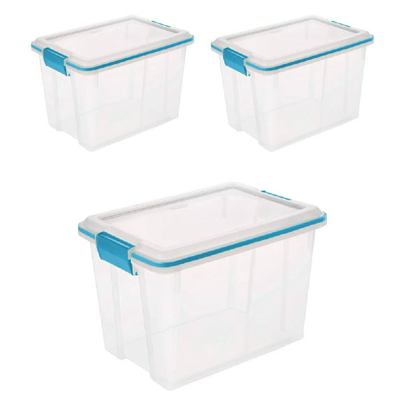 Sterilite Gasket Box Storage Container 20 Quart Plastic Clear with Blue Aqua, 3-Pack
