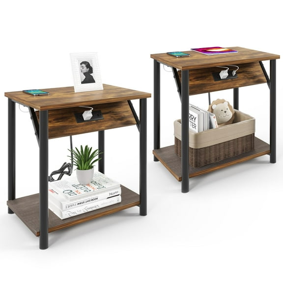 LoVinson Rustic Nightstand Set of 2 with Charging Station, End Table with Outlets & USB Ports