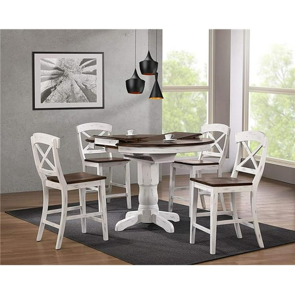 Iconic Furniture  42 x 42 x 60 in. Transitional X-Back Counter Height Chair Dining Set with Cocoa Brown Distressed & Cotton White Distressed Collection - 5 Piece