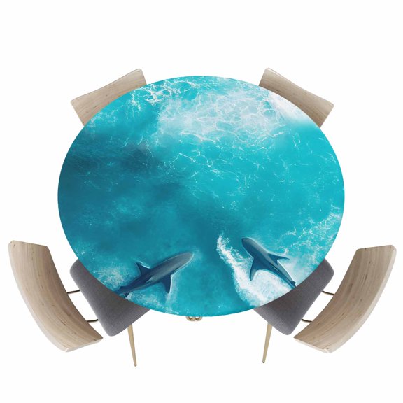 Summer Coastal Underwater Sharks Fitted Round Tablecloths Elastic Edged Table Covers 36"-44",Watercolor Blue Ocean Theme Waterproof Dining Room Kitchen Table Cloth for Holiday Party Tables Decor