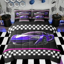 Feelyou Fashion Purple Racing Car Bedding Comforter Set 7 Pieces for Boys, Modern Extreme Sports Full Bedding Set, Checkered Flag Reversible Fitted Sheet Flat Sheet, Ultra Soft Bedroom Decor