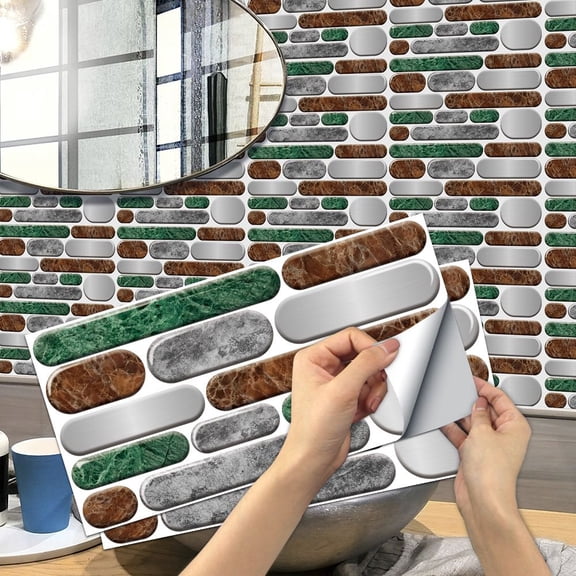 6 Sheets Waterproof Peel and Stick Tile Stickers 11.8x5.9inch Mosaic Brick Green Brown Gray Marbling Wall Decals Self Adhesive Wallpaper Backsplash