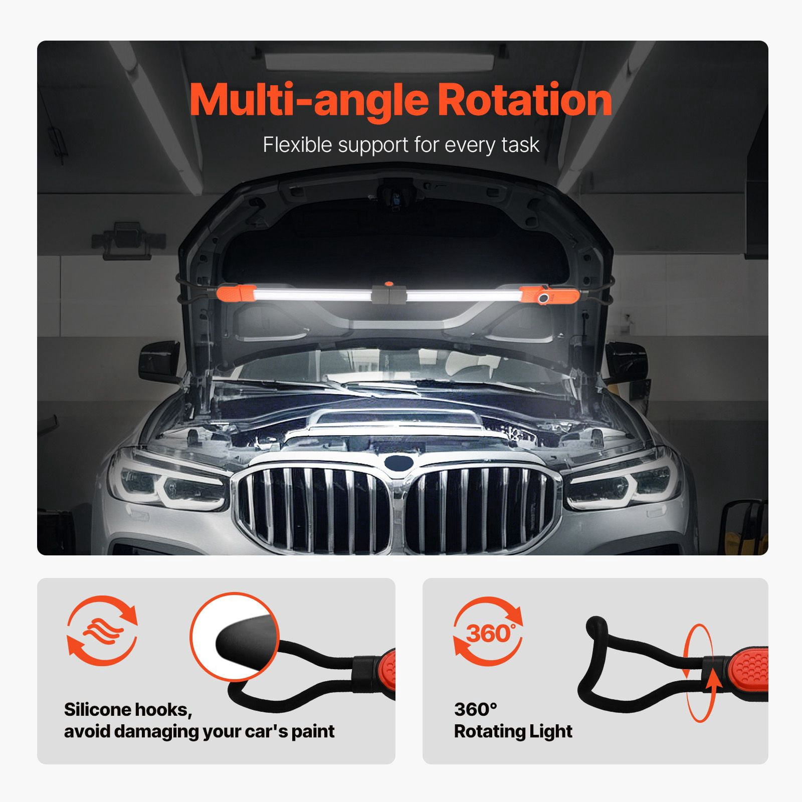 Under Hood Work Light 2300LM Retractable 51-74 Inch 6000mAh Battery 3 Brightness Levels for Car Repair Camping